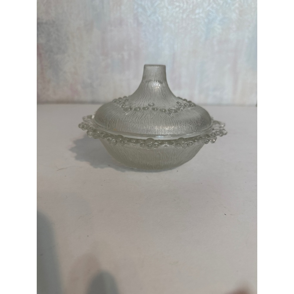 Vintage Clear Textured Glass Candy Dish with Lid Bubble Rim Trinket Jar